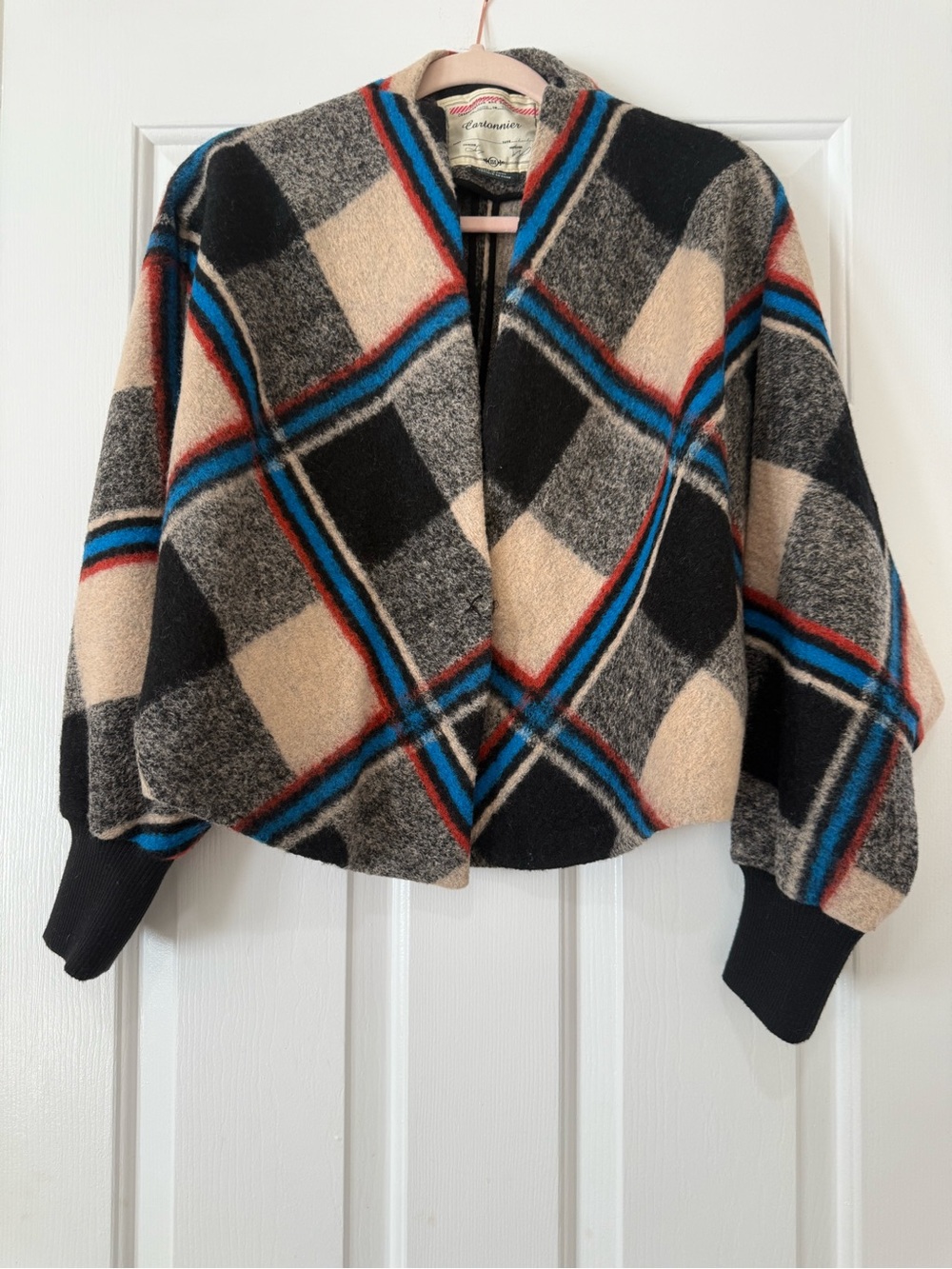 Cartonnier Cropped Plaid Bomber Jacket in Black, Cream & Blue